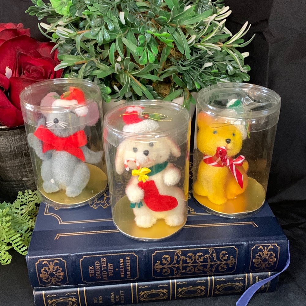 3 Vintage Gibson Greeting Cards COLLECTORS TREE TRIMS cat, dog & mouse ornaments